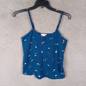 Pink Rose Shirt Womens Large Bluue Floral Tank Top Sleeveless Polyester Stretch